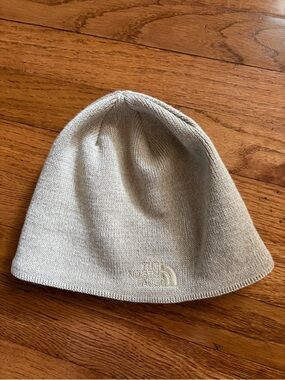The North Face Beige Knit Beanie with Metallic Trim